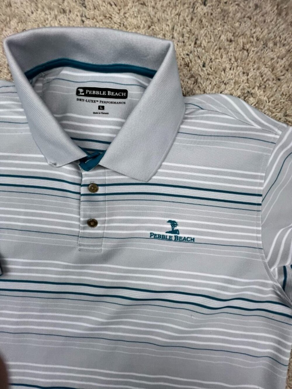 Pebble Beach Polo Shirt Mens Large Gray Blue Stripe Golf Dry-Luxe Performance